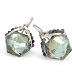 A pair of mini sparkly mint colored hexagon pcrystal earrings with handmade sterling silver tops and black tourmalinated faceted quartz gemstones, designed with built-in sterling silver hooks to wear like a post earring