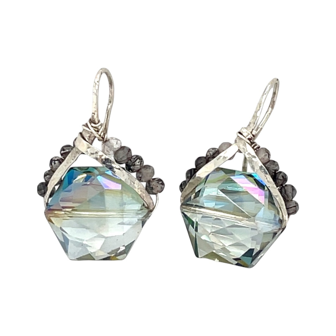 A pair of mini sparkly mint colored hexagon pcrystal earrings with handmade sterling silver tops and black tourmalinated faceted quartz gemstones, designed with built-in sterling silver hooks to wear like a post earring