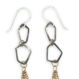 darkened sterling silver geometric hammered shaped held together with layers of gold filled delicate chain earrings