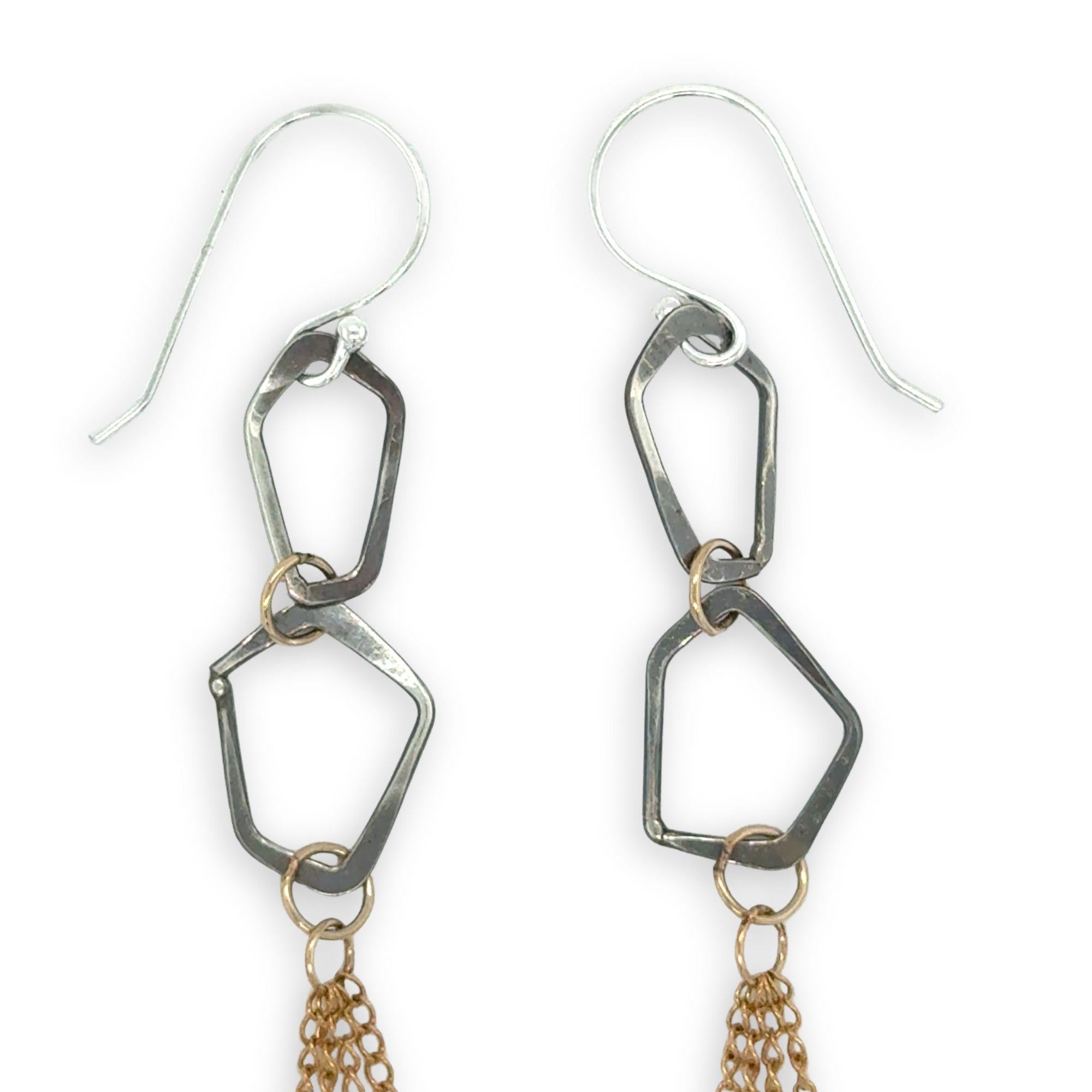 darkened sterling silver geometric hammered shaped held together with layers of gold filled delicate chain earrings