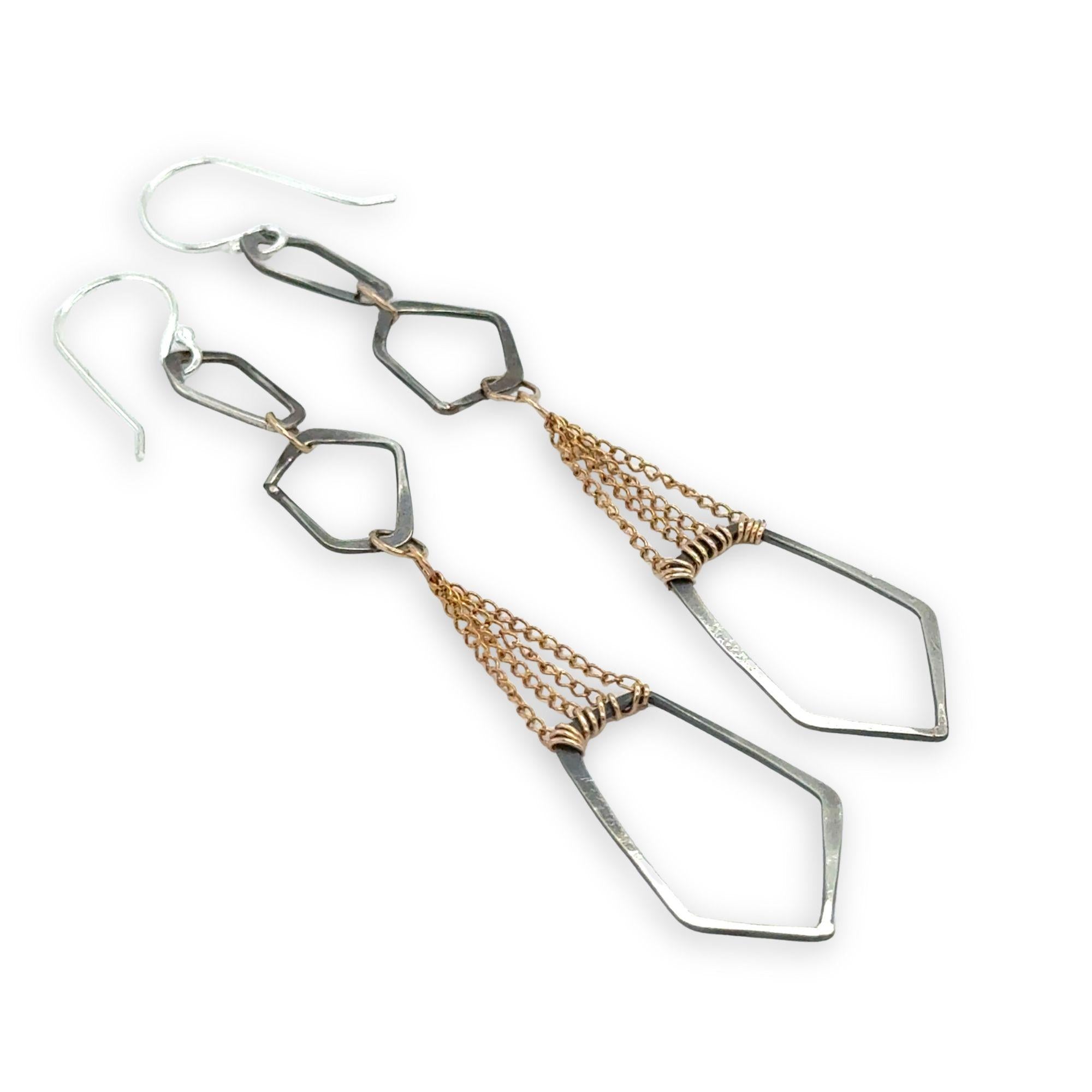 darkened sterling silver geometric hammered shaped held together with layers of gold filled delicate chain earrings