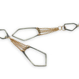 darkened sterling silver geometric hammered shaped held together with layers of gold filled delicate chain earrings