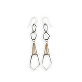 darkened sterling silver geometric hammered shaped held together with layers of gold filled delicate chain earrings