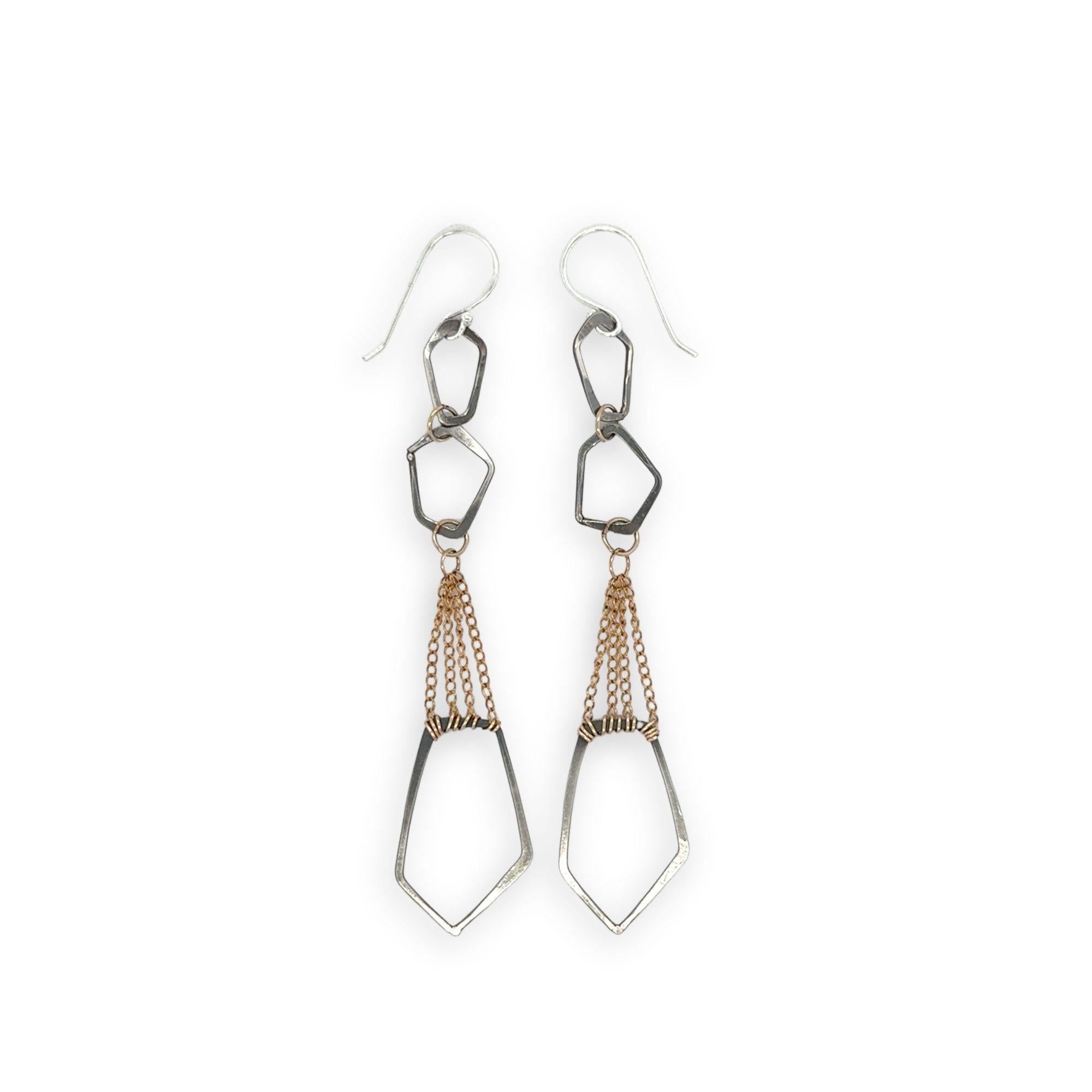 darkened sterling silver geometric hammered shaped held together with layers of gold filled delicate chain earrings