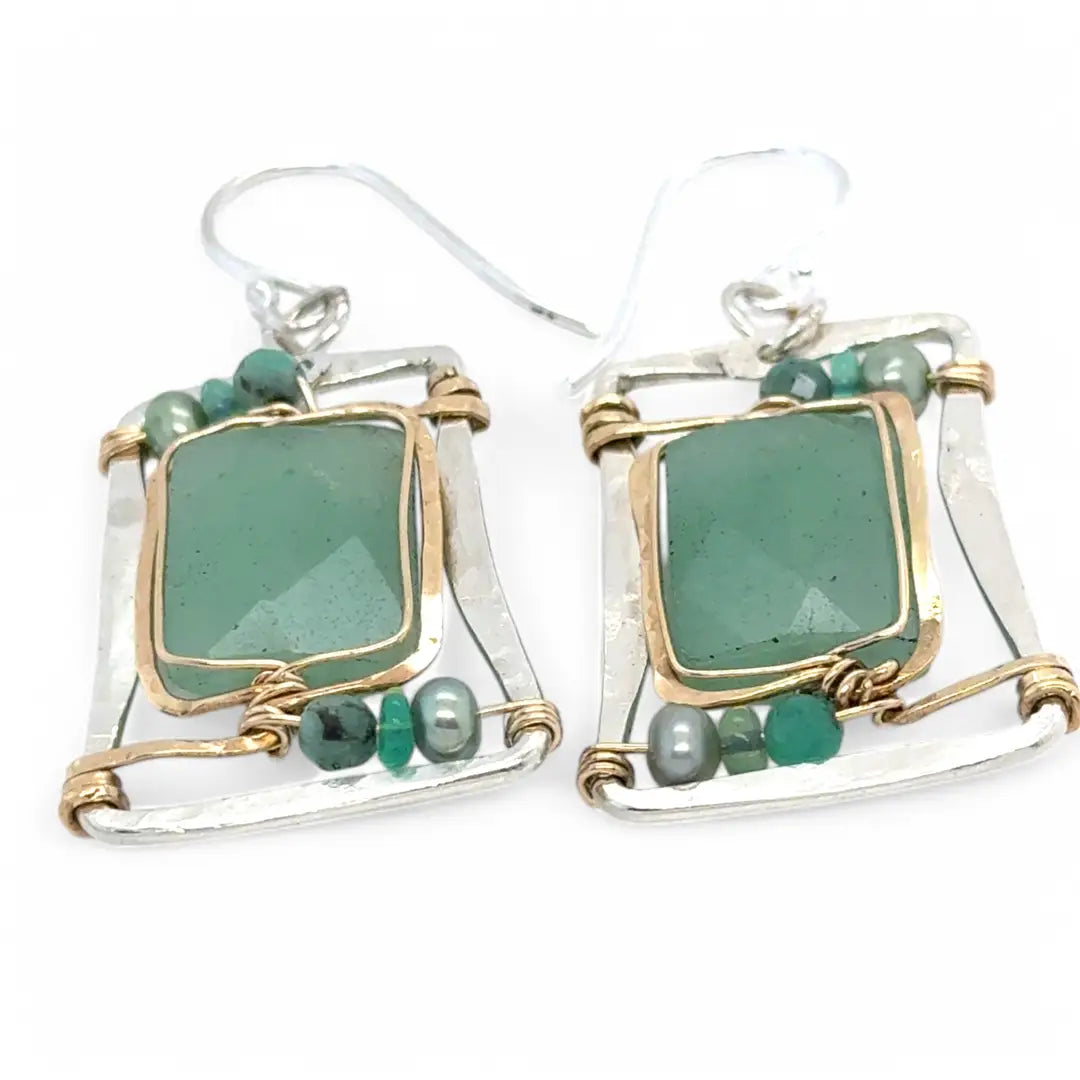 A pair of sterling silver hammered box earrings with hammered bronze and gold fill, featuring aventurine rectangular gemstones, freshwater pearls, green opals, and emerald faceted cubes.