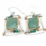 A pair of sterling silver hammered box earrings with hammered bronze and gold fill, featuring aventurine rectangular gemstones, freshwater pearls, green opals, and emerald faceted cubes.