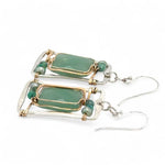 A pair of sterling silver hammered box earrings with hammered bronze and gold fill, featuring aventurine rectangular gemstones, freshwater pearls, green opals, and emerald faceted cubes.