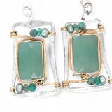 A pair of sterling silver hammered box earrings with hammered bronze and gold fill, featuring aventurine rectangular gemstones, freshwater pearls, green opals, and emerald faceted cubes.