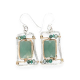 A pair of sterling silver hammered box earrings with hammered bronze and gold fill, featuring aventurine rectangular gemstones, freshwater pearls, green opals, and emerald faceted cubes.