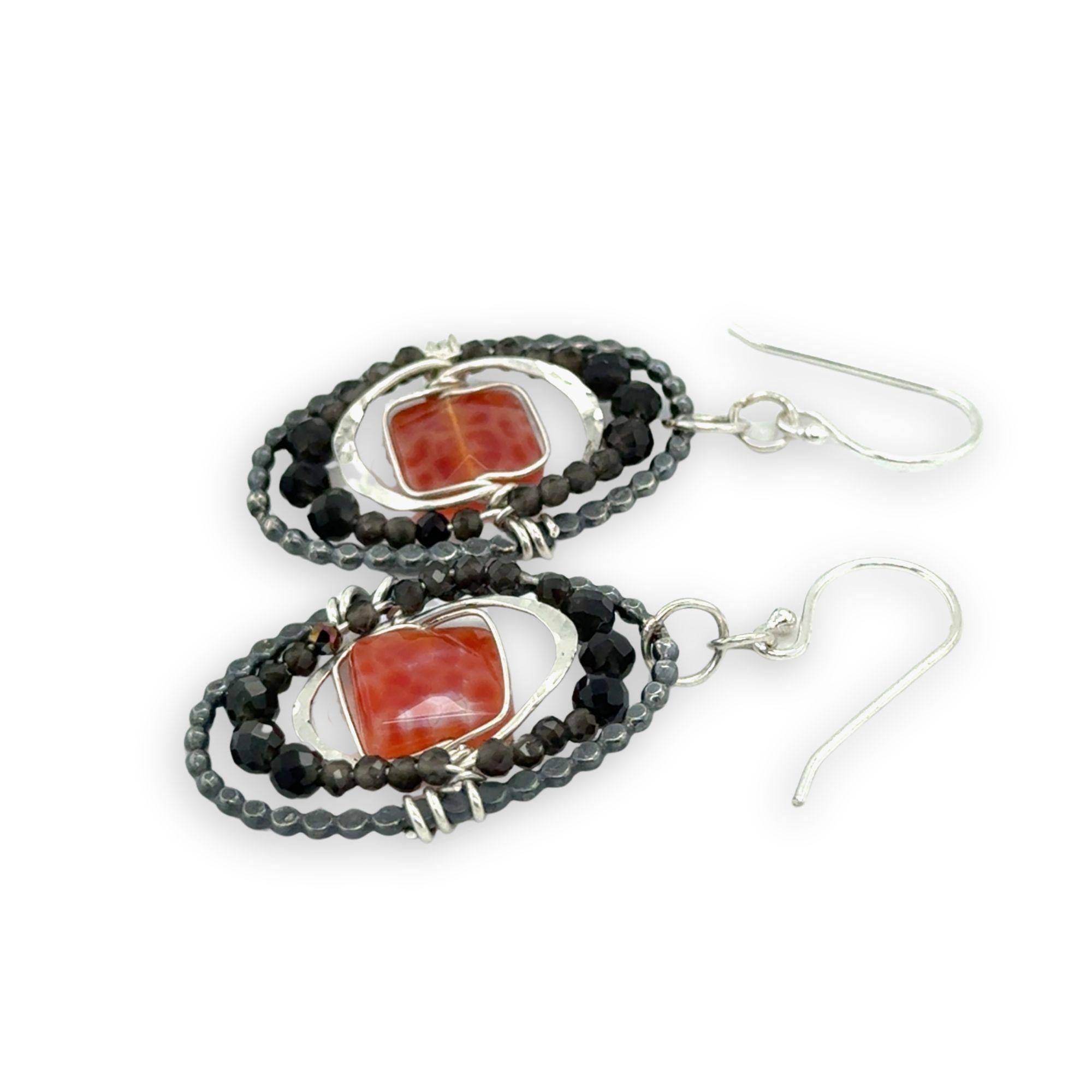 Dark sterling silver dot wire oval earrings with red fire agate tiles held in hammered sterling and green obsidian gemstones