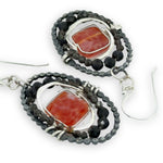 Dark sterling silver dot wire oval earrings with red fire agate tiles held in hammered sterling and green obsidian gemstones