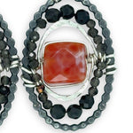 Dark sterling silver dot wire oval earrings with red fire agate tiles held in hammered sterling and green obsidian gemstones