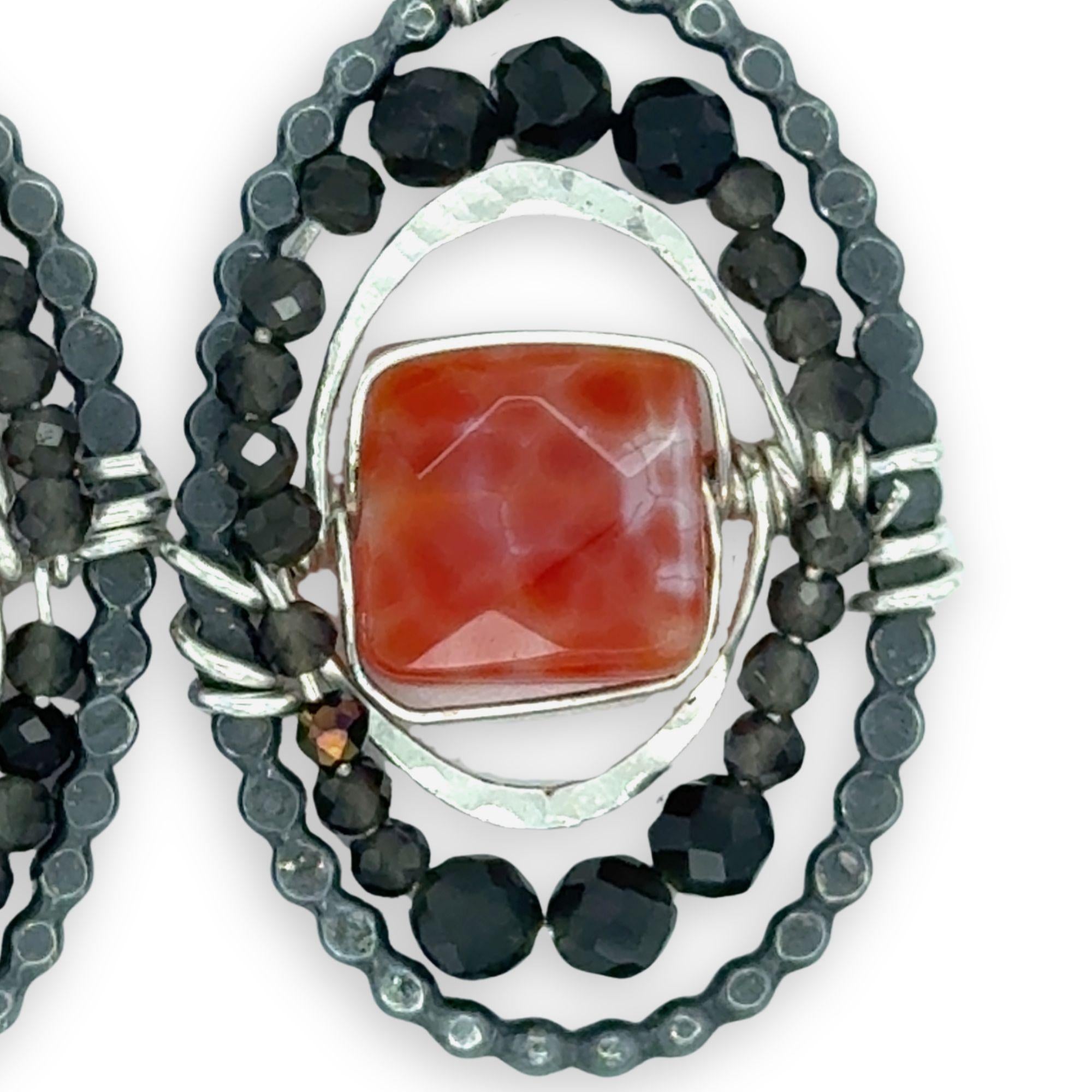 Dark sterling silver dot wire oval earrings with red fire agate tiles held in hammered sterling and green obsidian gemstones