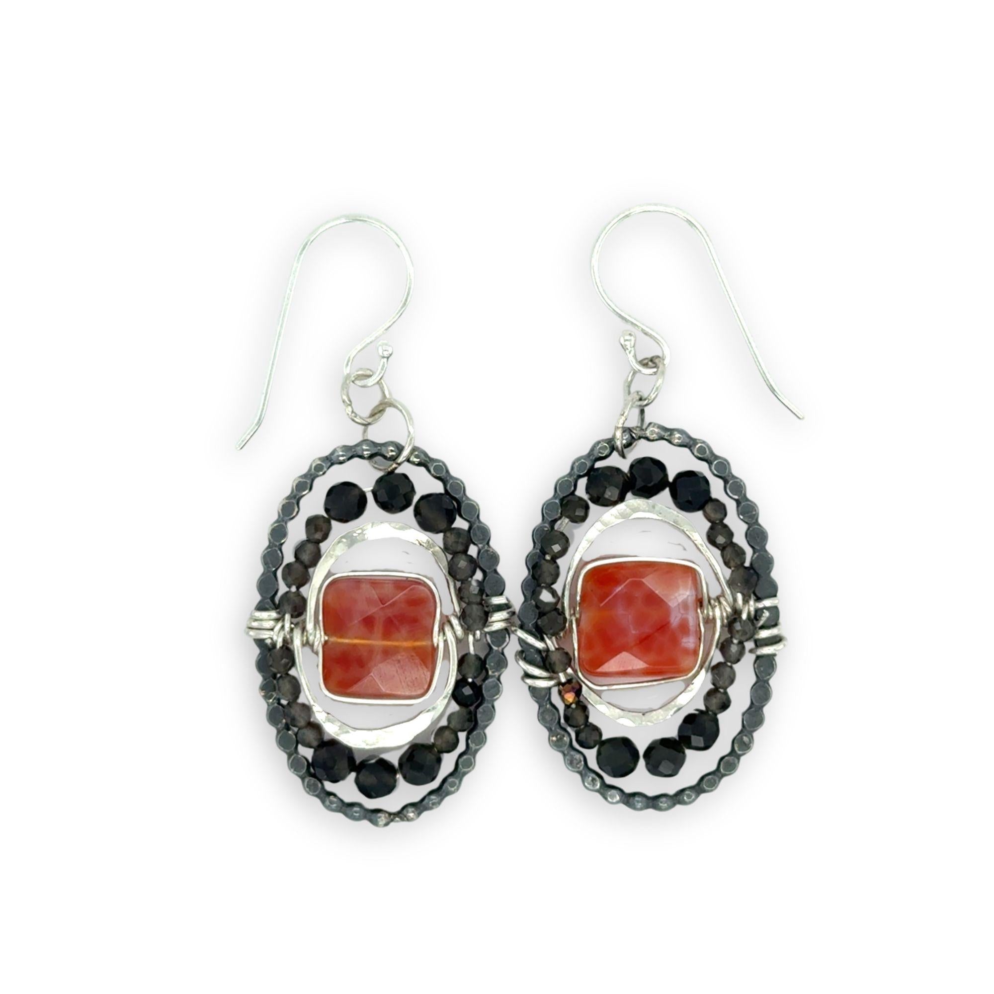 Dark sterling silver dot wire oval earrings with red fire agate tiles held in hammered sterling and green obsidian gemstones