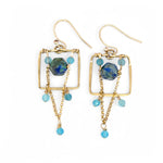 A pair of brass puzzle box earrings  featuring aqua blue cat's eye, azurite gemstones, and a gold-filled rolo chain.