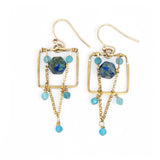 A pair of brass puzzle box earrings  featuring aqua blue cat's eye, azurite gemstones, and a gold-filled rolo chain.