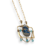 Brass puzzle box mini necklace with an azurite drop accented with blue cat's eye gemstones and delicate gold filled rolo chain