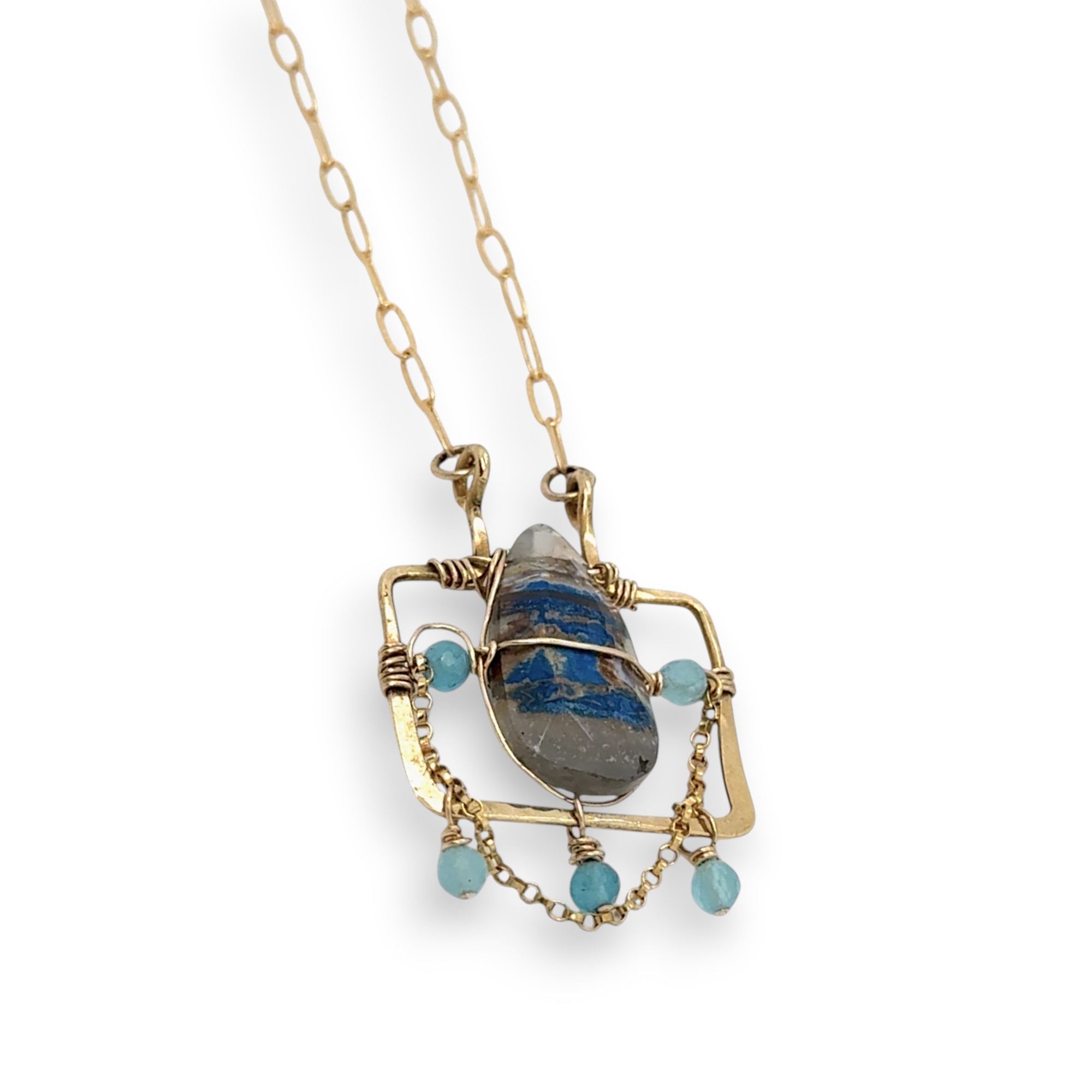 Brass puzzle box mini necklace with an azurite drop accented with blue cat's eye gemstones and delicate gold filled rolo chain