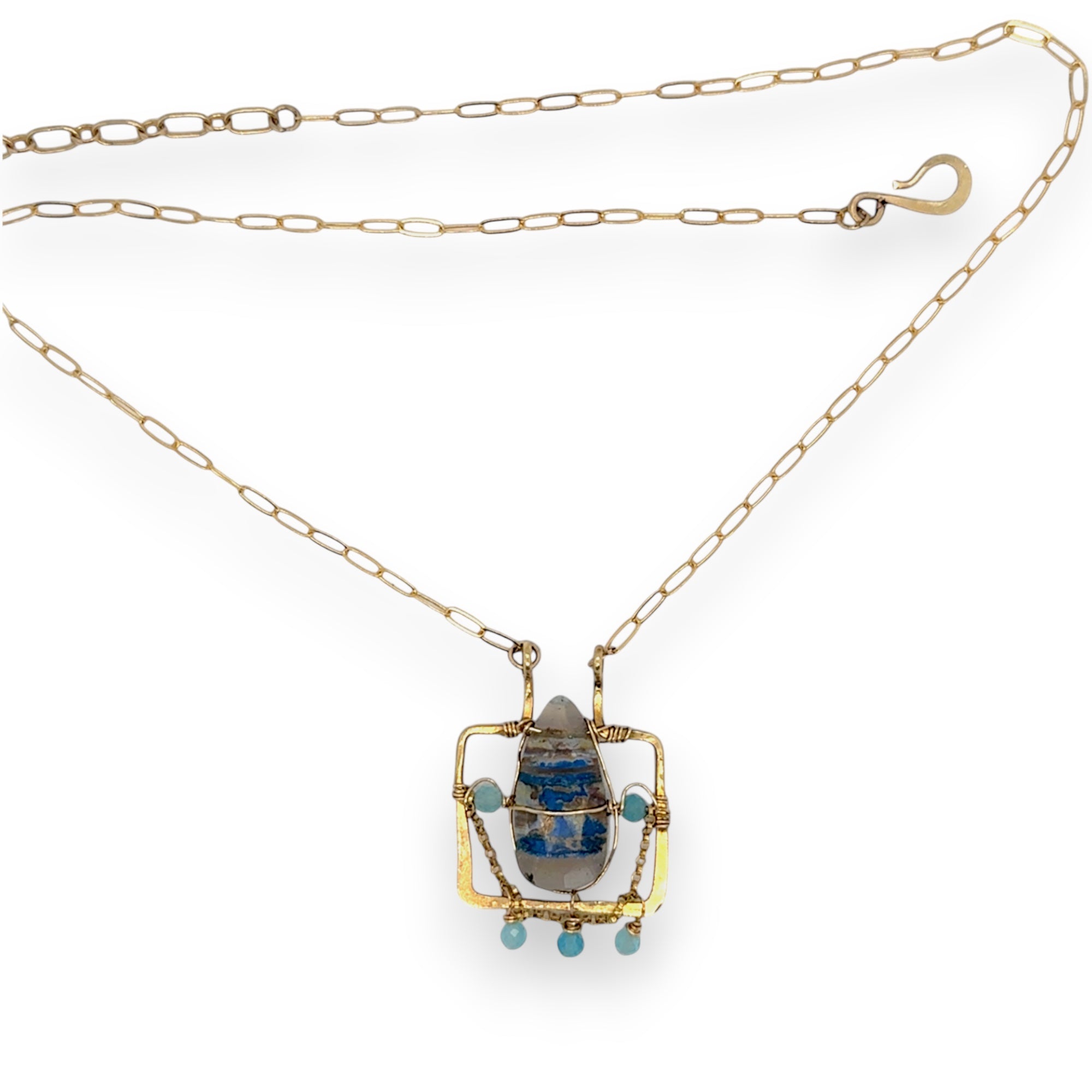 Brass puzzle box mini necklace with an azurite drop accented with blue cat's eye gemstones and delicate gold filled rolo chain