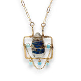 Brass puzzle box mini necklace with an azurite drop accented with blue cat's eye gemstones and delicate gold filled rolo chain