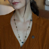 Long handmade brass link and gold filled necklace interspersed with cat's eye faceted gemstones 