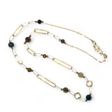 Long handmade brass link and gold filled necklace interspersed with cat's eye faceted gemstones 