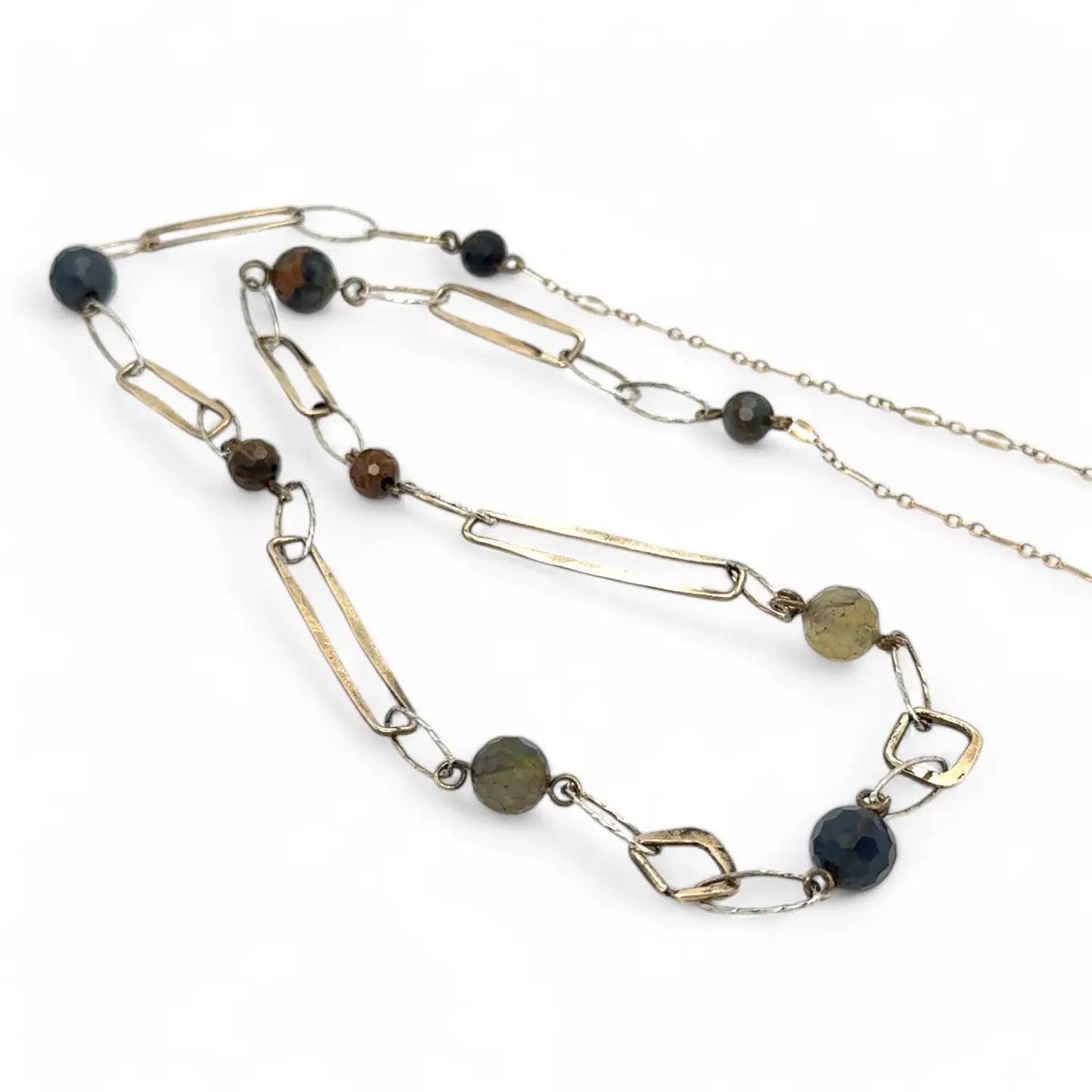 Long handmade brass link and gold filled necklace interspersed with cat's eye faceted gemstones 