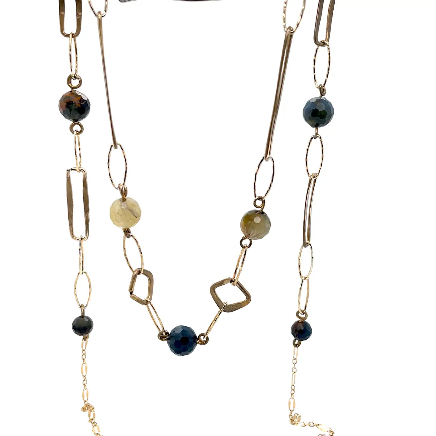 Long handmade brass link and gold filled necklace interspersed with cat's eye faceted gemstones 