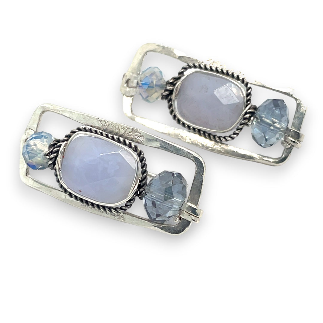 rectangular post earrings with chalcedony stones set in braided oxidized sterling silver, featuring faceted crystal accents