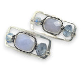 rectangular post earrings with chalcedony stones set in braided oxidized sterling silver, featuring faceted crystal accents