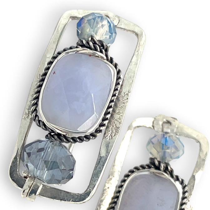 rectangular post earrings with chalcedony stones set in braided oxidized sterling silver, featuring faceted crystal accents