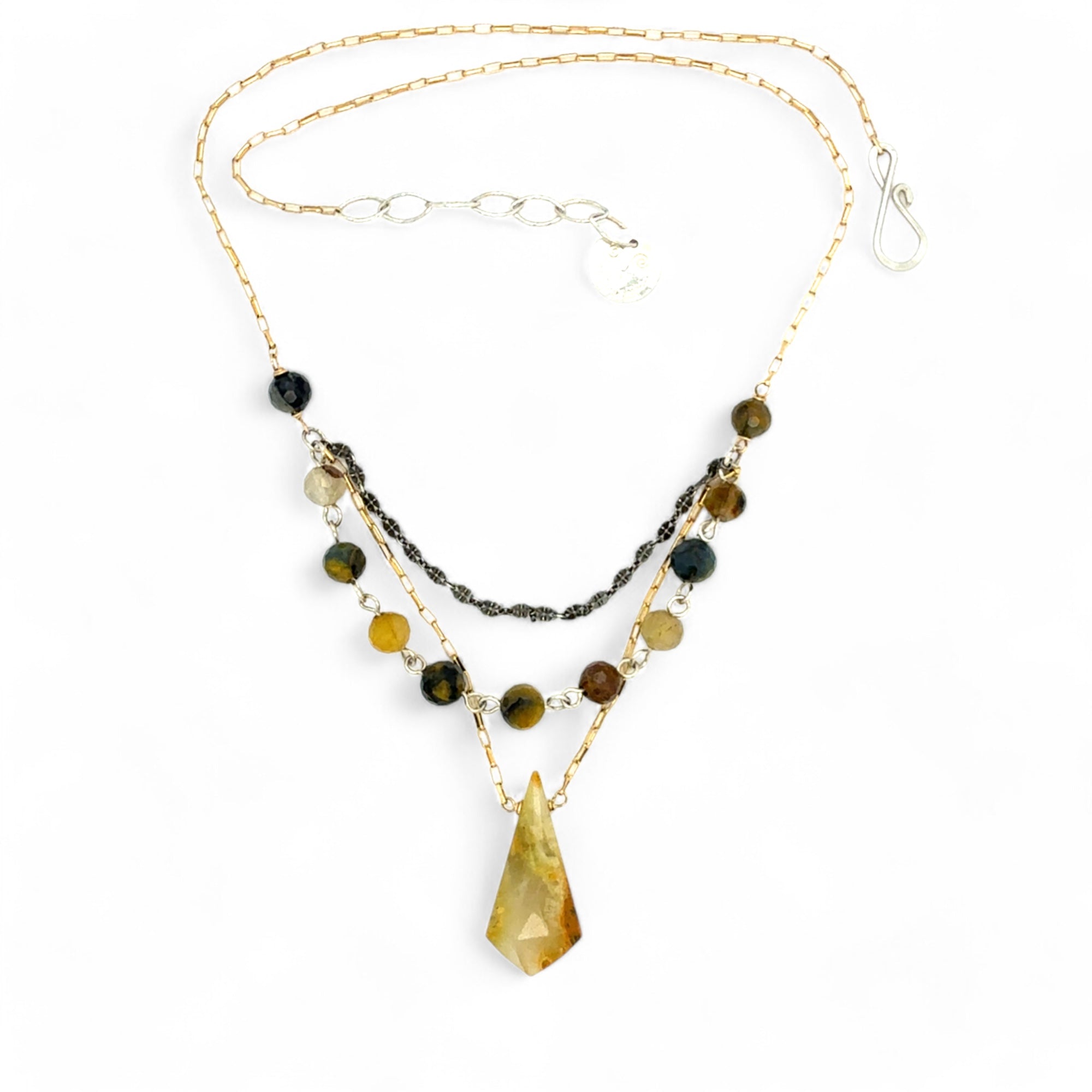 Green yellow jade long diamond hangs from gold filled box chain, with a layer of cat's eye gemstones, and a layer of oxidized sterling silver chain necklace