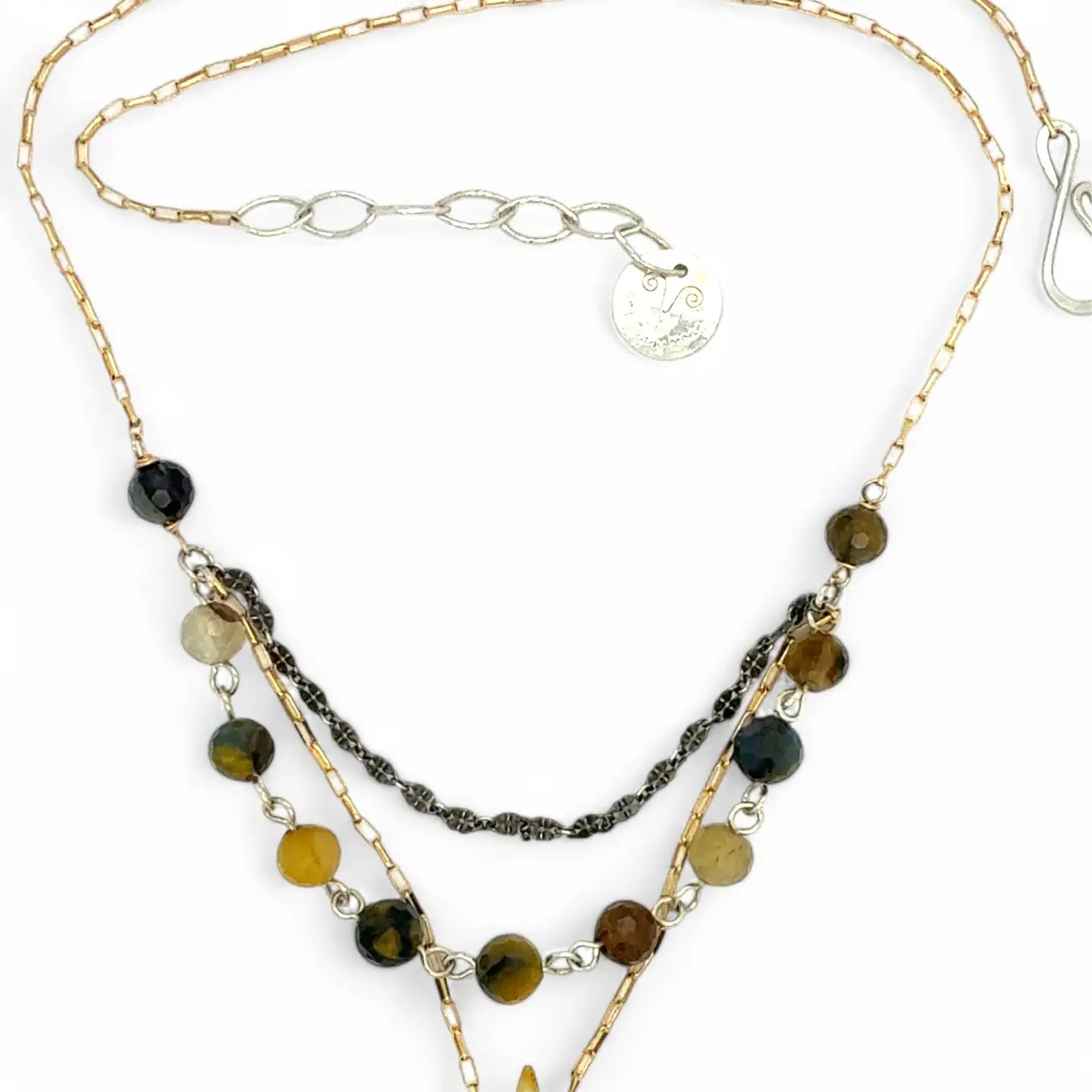 Green yellow jade long diamond hangs from gold filled box chain, with a layer of cat's eye gemstones, and a layer of oxidized sterling silver chain necklace