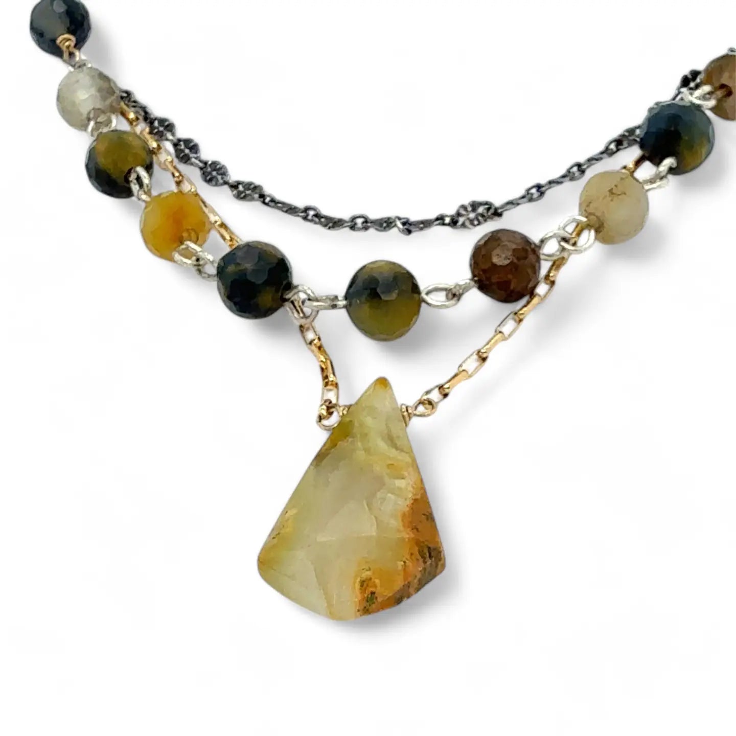 Green yellow jade long diamond hangs from gold filled box chain, with a layer of cat's eye gemstones, and a layer of oxidized sterling silver chain necklace