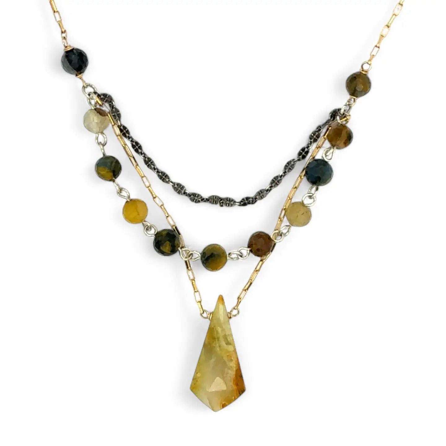 Green yellow jade long diamond hangs from gold filled box chain, with a layer of cat's eye gemstones, and a layer of oxidized sterling silver chain necklace