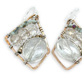 Quartz ovals surrounded by pyrite and crystal gemstones on sterling silver wire within a bronze parallelogram shape earrings