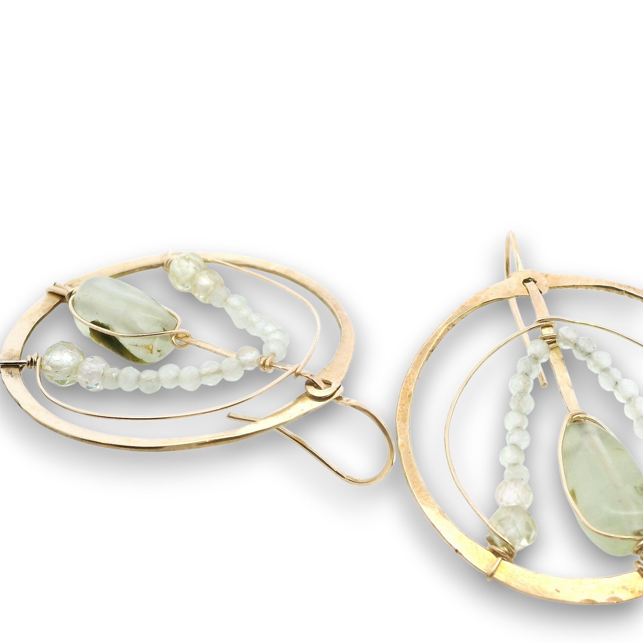 Brass hoop earrings with prehnite nugget gemstones, rutilated quartz, and green cubic zirconia on gold fill wire with 14k gold filled built in earring hooks