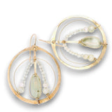 Brass hoop earrings with prehnite nugget gemstones, rutilated quartz, and green cubic zirconia on gold fill wire with 14k gold filled built in earring hooks