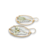 Brass hoop earrings with prehnite nugget gemstones, rutilated quartz, and green cubic zirconia on gold fill wire with 14k gold filled built in earring hooks