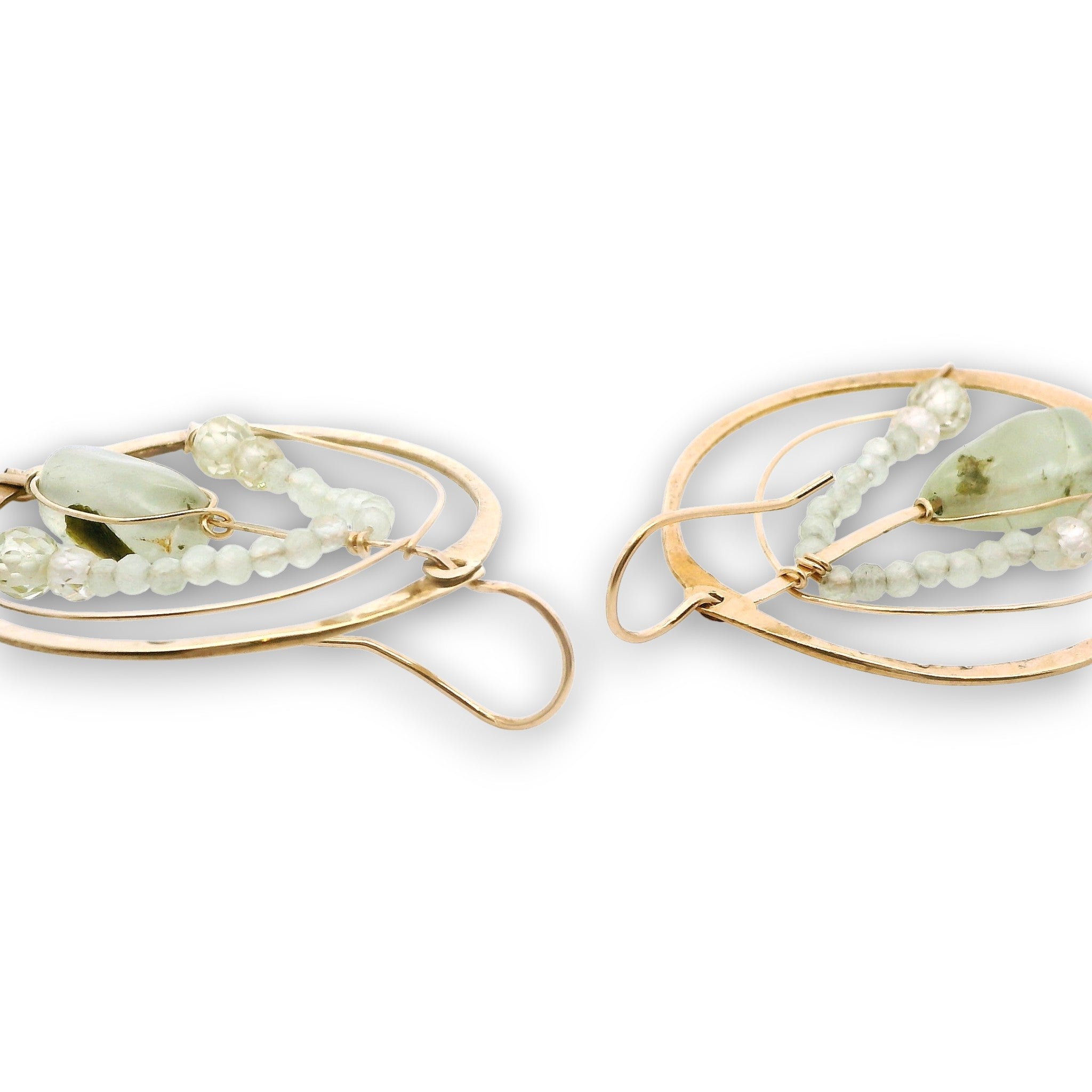 Brass hoop earrings with prehnite nugget gemstones, rutilated quartz, and green cubic zirconia on gold fill wire with 14k gold filled built in earring hooks