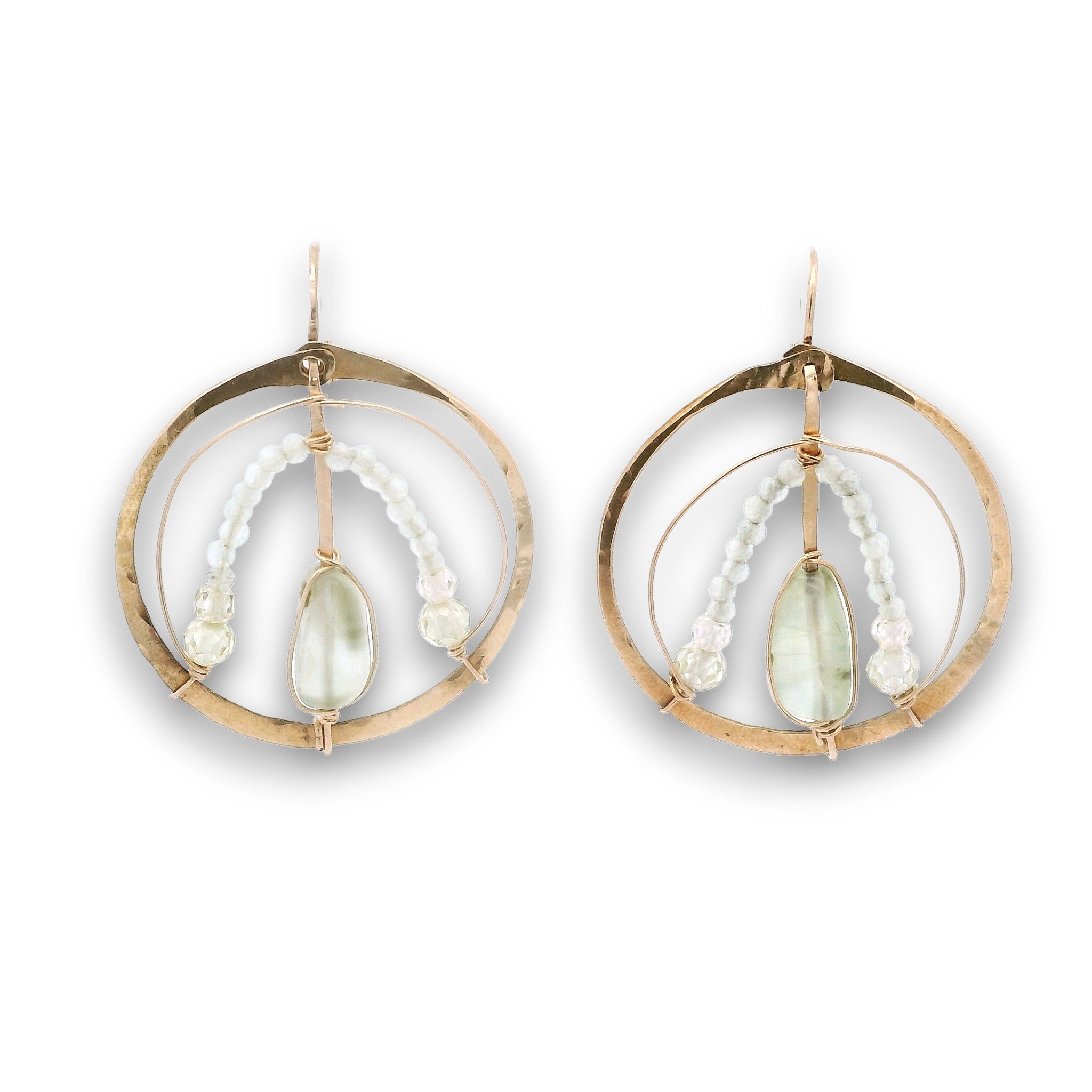 Brass hoop earrings with prehnite nugget gemstones, rutilated quartz, and green cubic zirconia on gold fill wire with 14k gold filled built in earring hooks