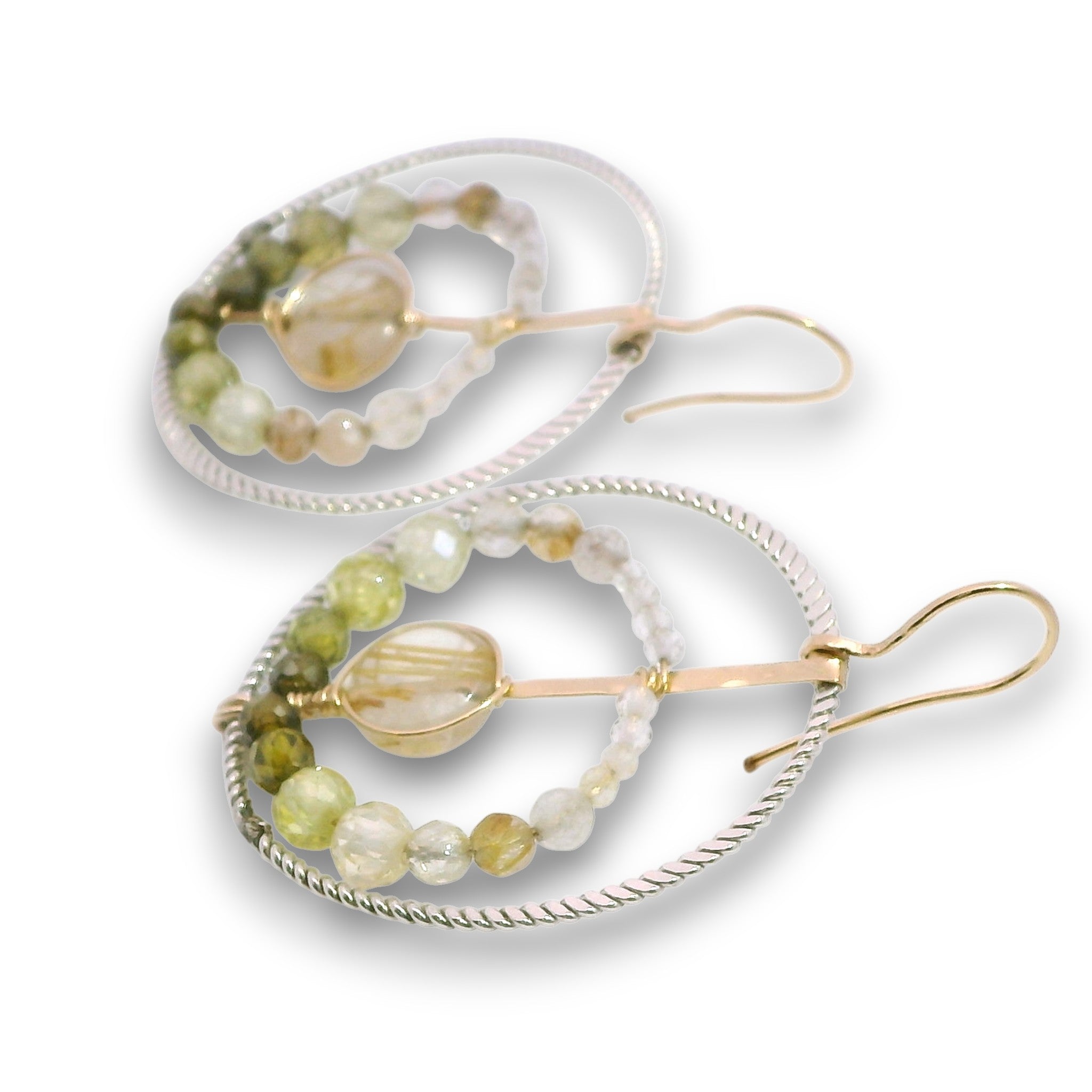 sterling silver twisted wire hoops with rutilated quartz and cubic zirconia gemstones on 14k gold filled wire and earring hooks