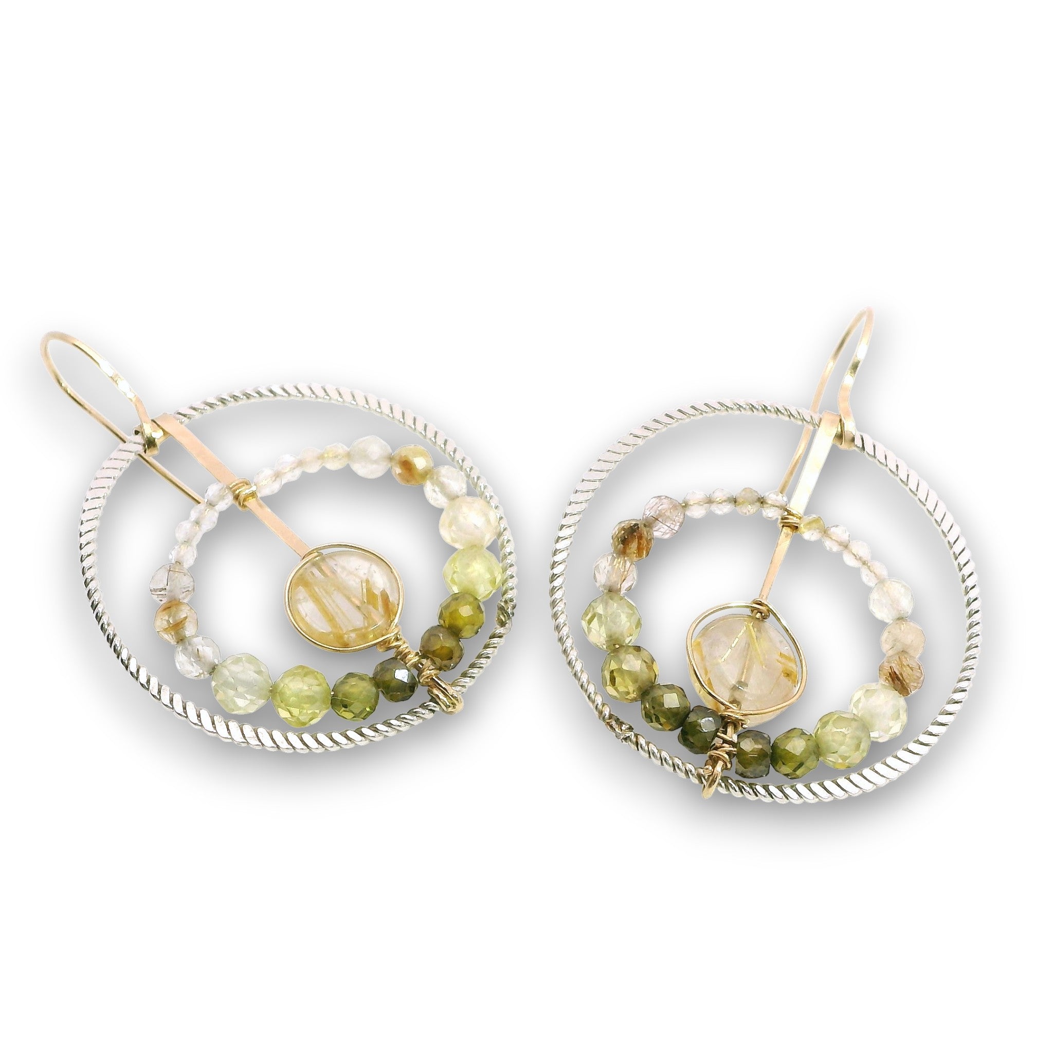 sterling silver twisted wire hoops with rutilated quartz and cubic zirconia gemstones on 14k gold filled wire and earring hooks