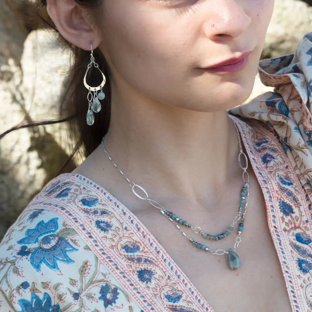 Blue quartz and aquamarine gemstones cascade from sparkly sterling silver cloud earrings