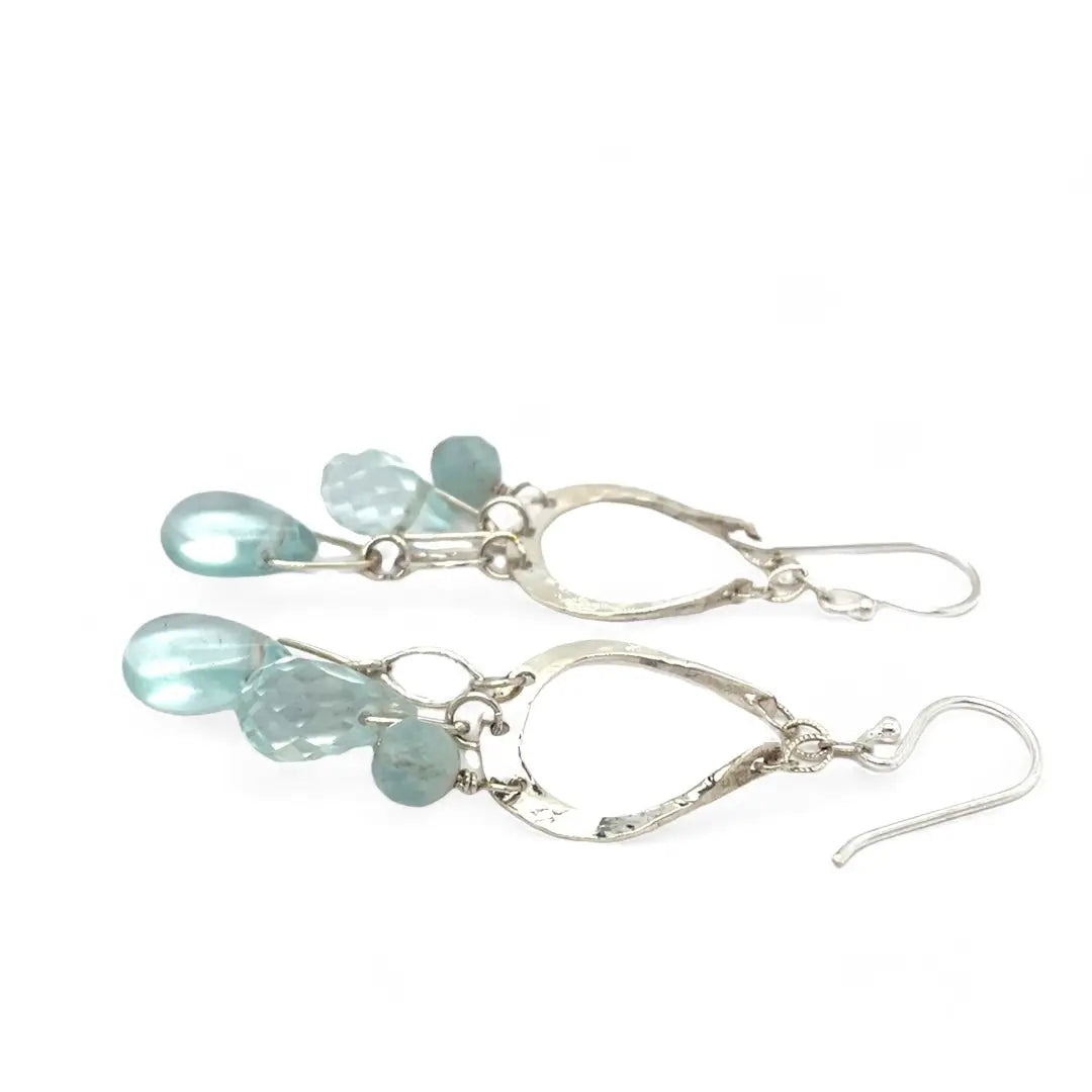 Blue quartz and aquamarine gemstones cascade from sparkly sterling silver cloud earrings