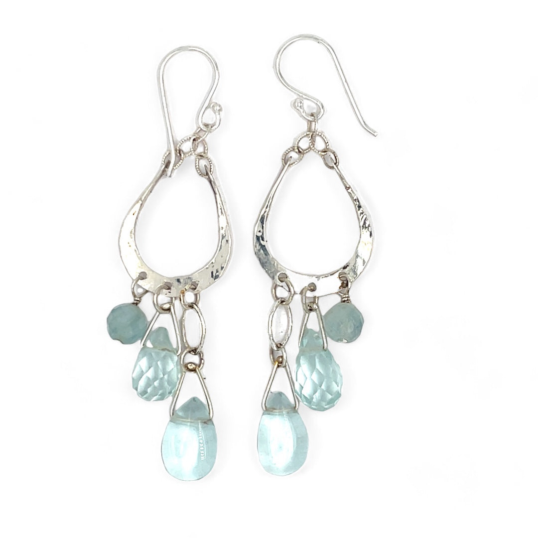 Blue quartz and aquamarine gemstones cascade from sparkly sterling silver cloud earrings
