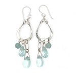 Blue quartz and aquamarine gemstones cascade from sparkly sterling silver cloud earrings