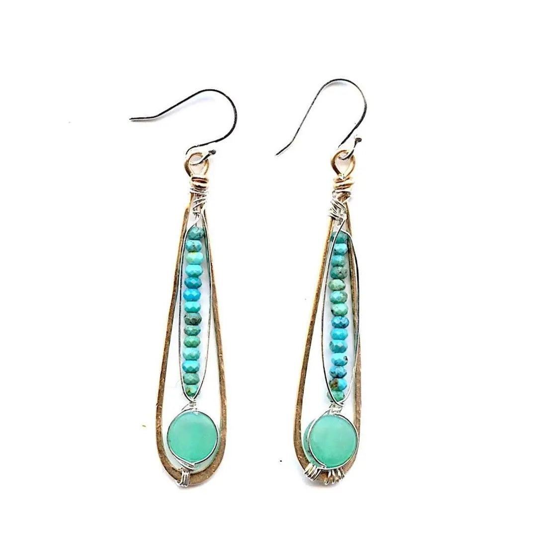 Turquoise and hemimorphite gemstones wrapped in sterling silver attached to a skinny bronze drop earring