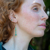 Turquoise and hemimorphite gemstones wrapped in sterling silver attached to a skinny bronze drop earring