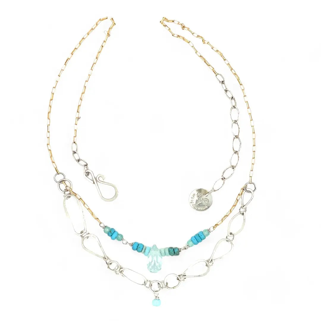 A handmade hammered sterling silver link double chain necklace with gold filled delicate chain, turquoise, blue quartz, and opal gemstones